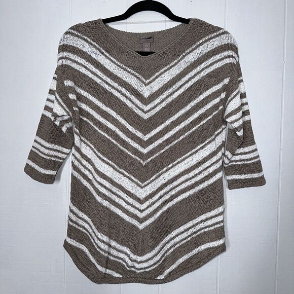 Chico’s Women’s Woven Knit Sweater Striped Chevron Beige White Size 0 Small - Picture 1 of 5